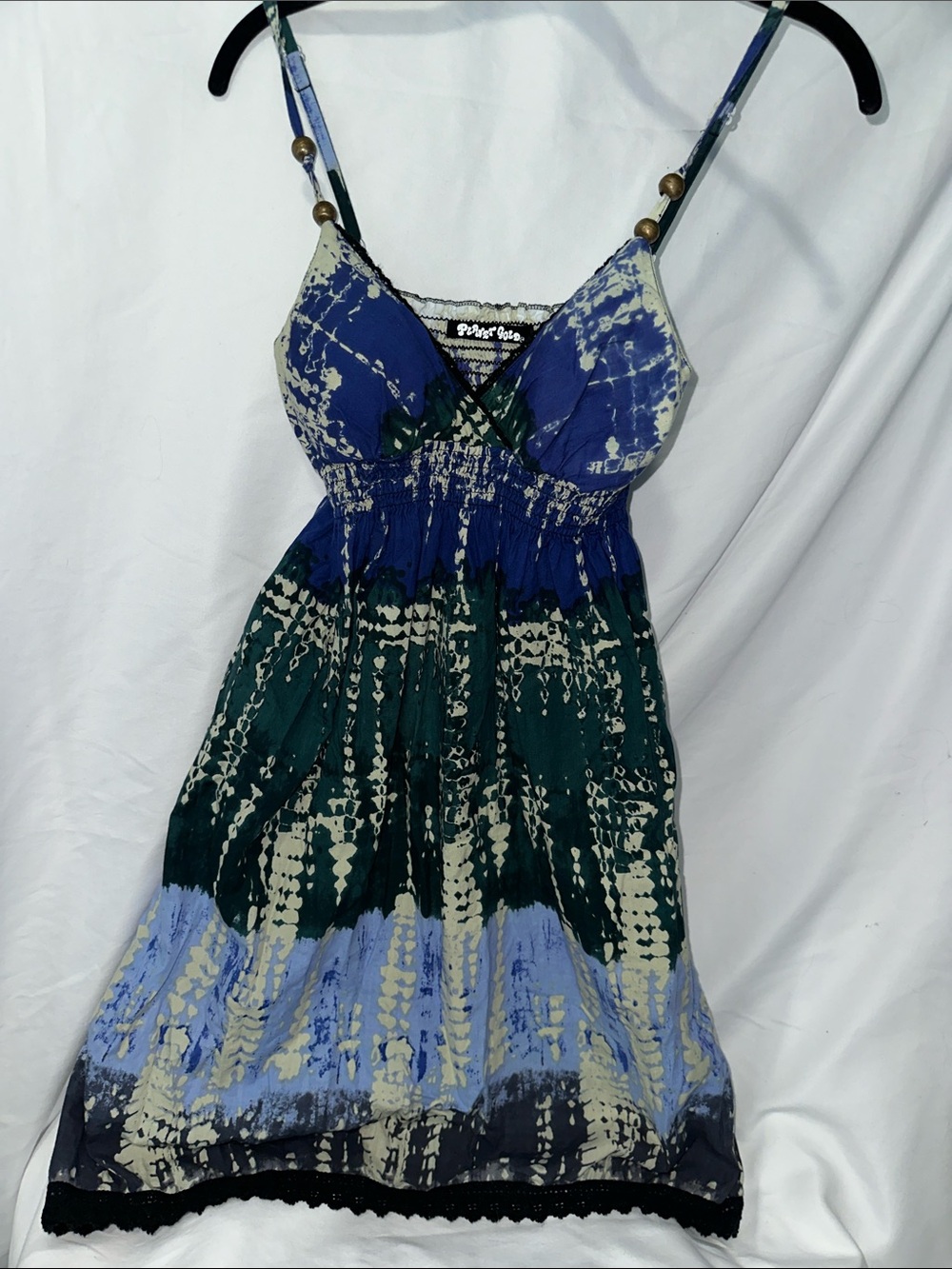Planet Gold Smocked Tie-Dye Spaghetti Strap Mini Dress in Blue and Green